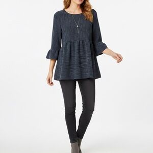 Entro Ribbed Blue Top Women Size Small Statement Sleeves Flowy